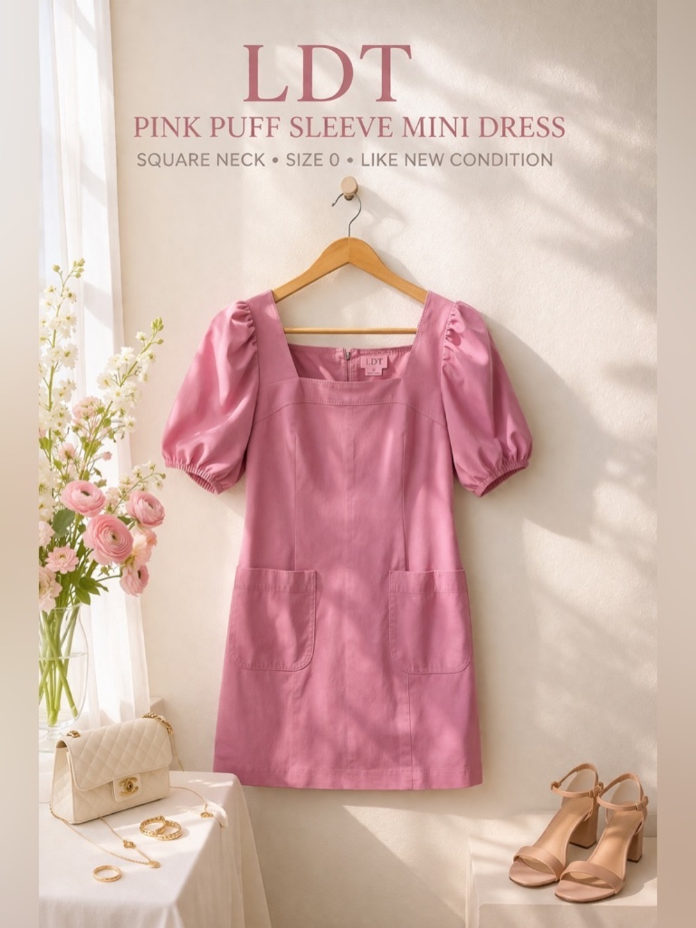 LDT Pink Puff Sleeve Mini Dress Square Neck Size 0